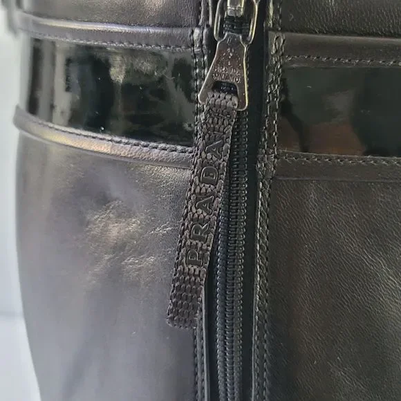 PRADA Tall Black Riding Boots Leather, Nappa Vernice Size 37 3W4567 - Picture 10 of 15